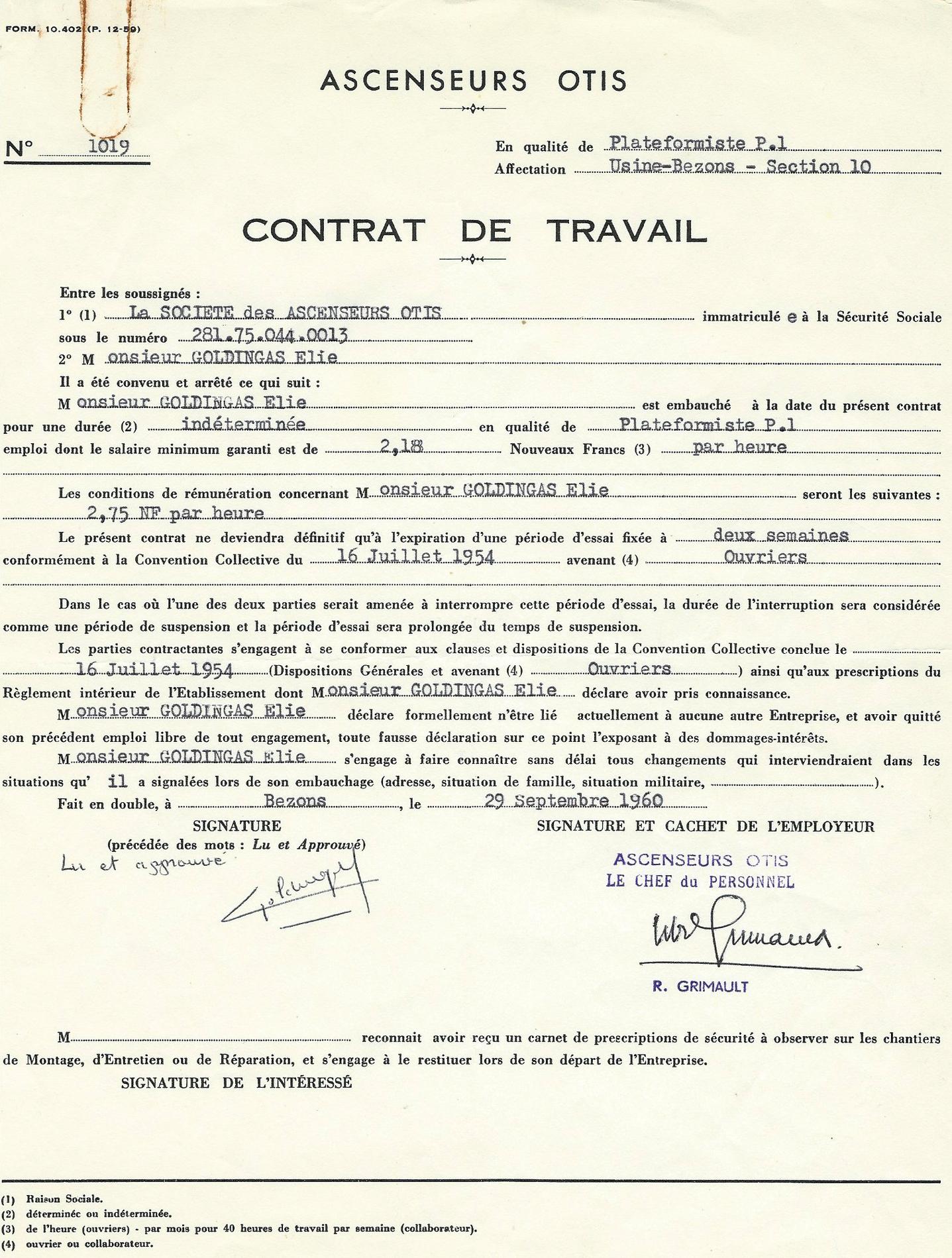 elie premier contrat